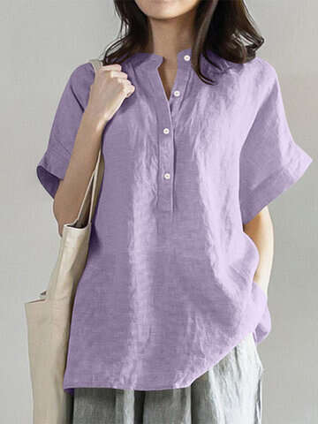 Women Blouses & Shirts | Solid Button Stand Collar Short Sleeve Loose Casual Blouse - CA67352
