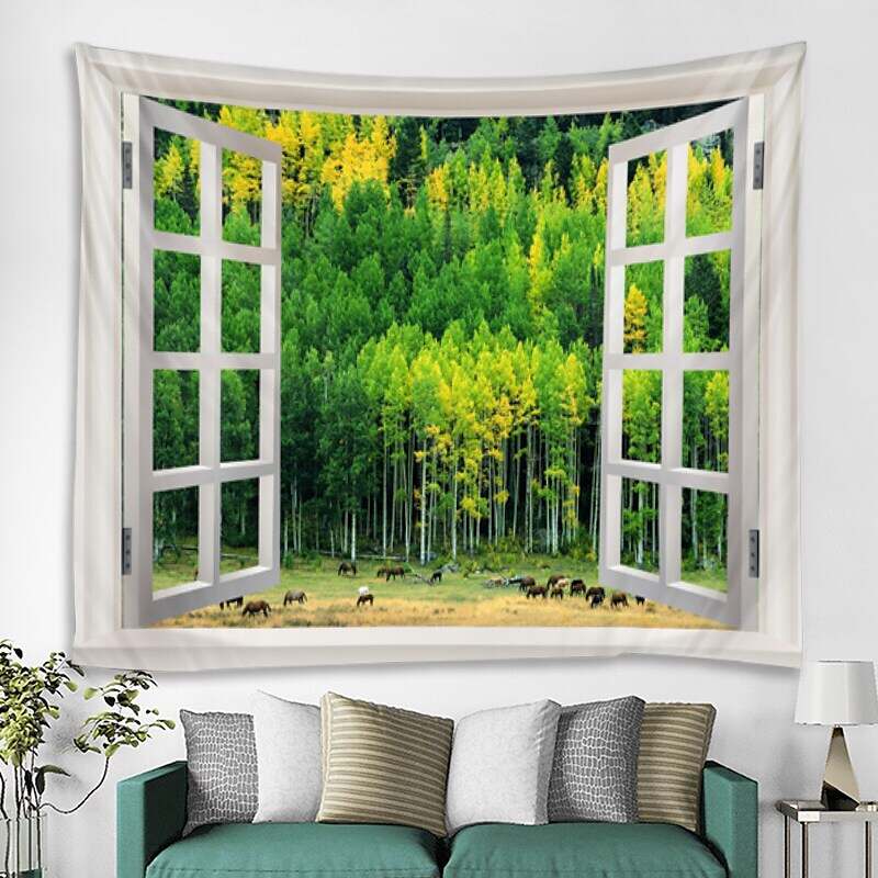 Window Landscape Wall Tapestry Art Decor Forest Flower Field