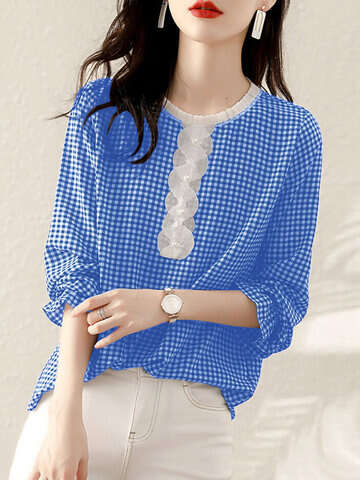 Women Blouses & Shirts | Check Print Long Sleeve Crew Neck Panel Blouse - HR85805