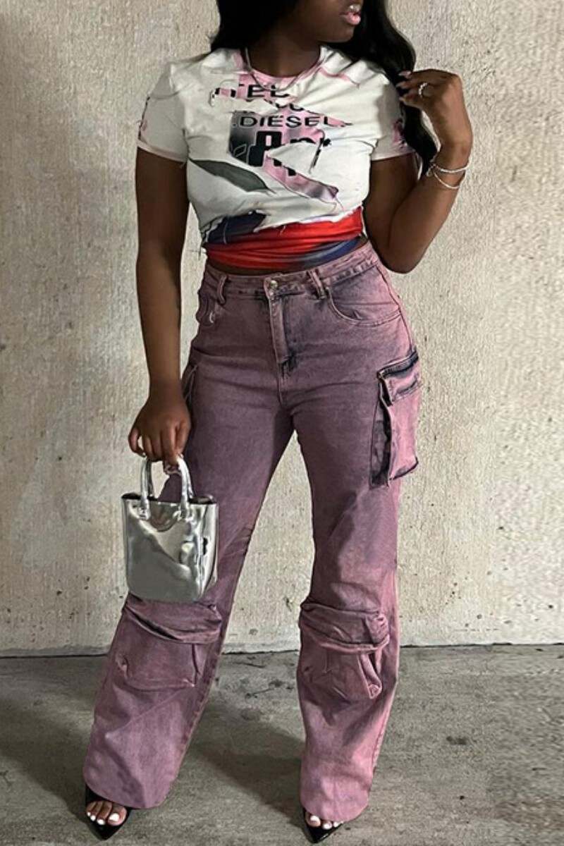 Pink Casual Patchwork Basic Mid Waist Straight Denim Jeans