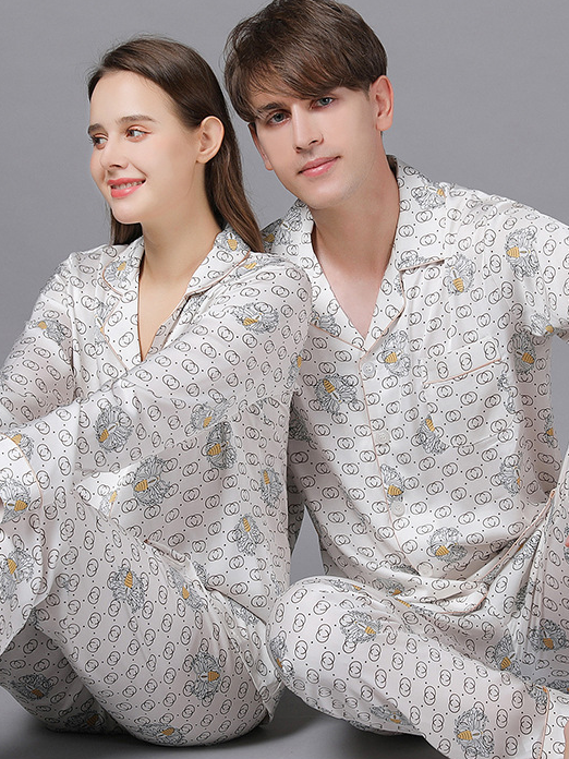 Regular Fit V Neck Animal Print Casual Long Sleeve Couple Pajama Set