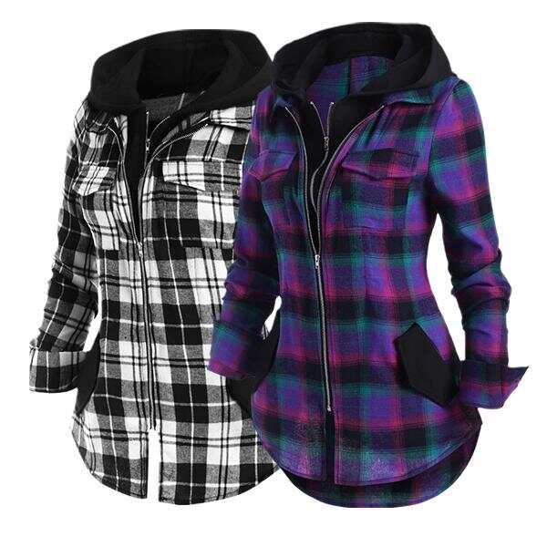 Double Zipper Plaid Pocket Hooded Shirt Jacket