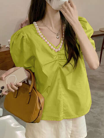 Women Blouses & Shirts | Women Puff Sleeve Solid Pearl Decor V-neck Blouse - HZ74864