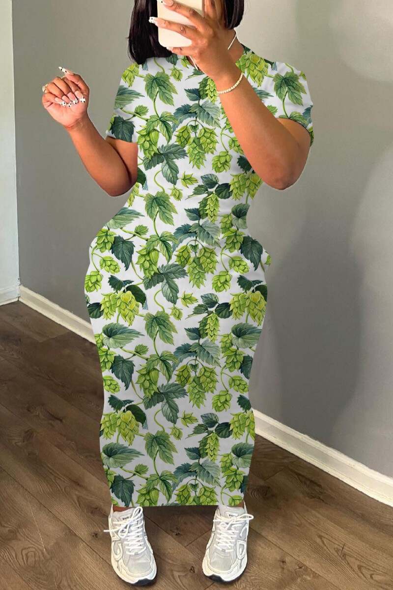 Green Casual Print Basic O Neck Long Dress Dresses