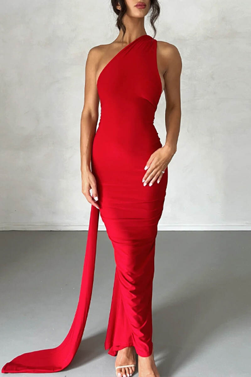 Orange Sexy Solid Backless Oblique Collar Long Dress Dresses