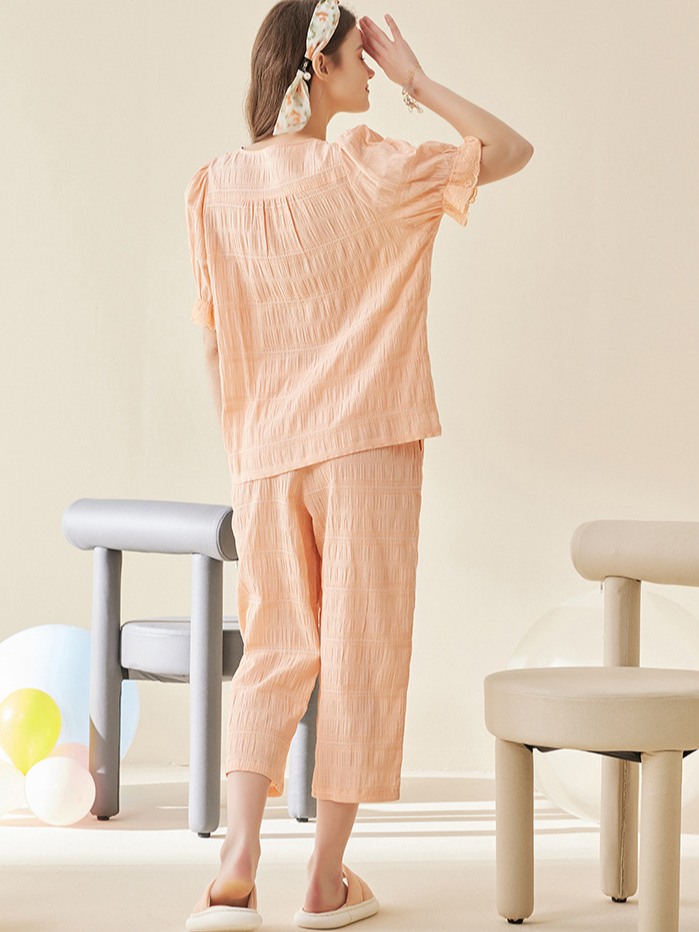 Plain Loose Simple Cotton Short Sleeve Pajama Set