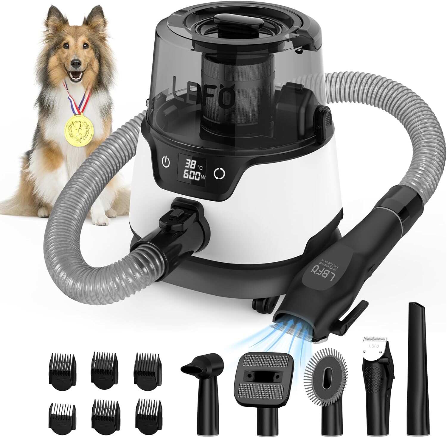 Dog Grooming Vacuum, Pet Grooming Vacuum and Dog Dryer with 6 Pet Grooming Tools, 600w Dog Grooming Kit with 3L Dust Cup, Low Noise Pet Hair Vacuum with Dog Clippers for Grooming