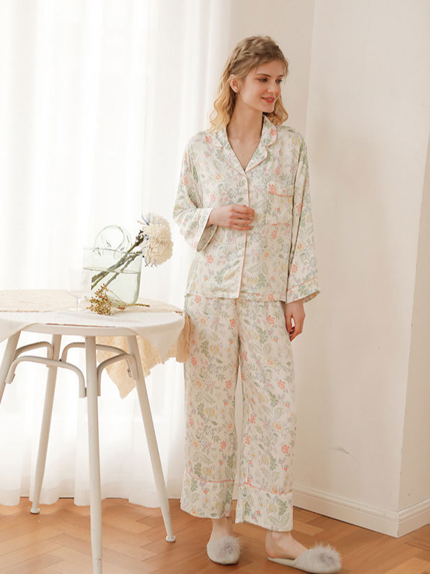 Elegant V Neck Floral Loose Long Sleeve Pajama Set