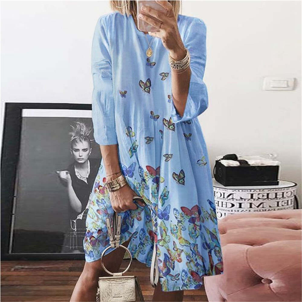 Plus Size Printed Round Neck Long Sleeve Dress