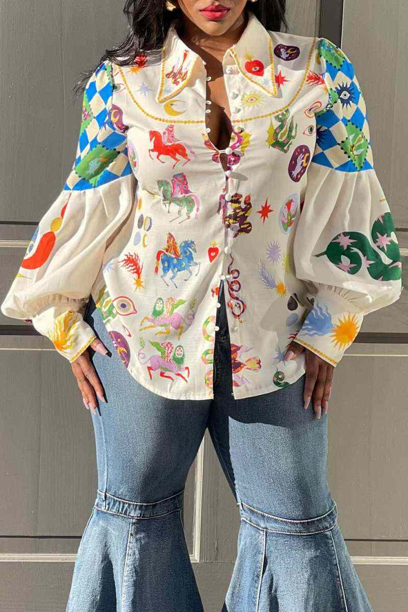 White Casual Print Patchwork Turndown Collar Tops