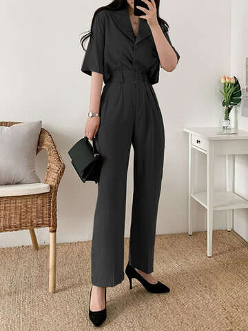 Women Suits & Co-ords | Solid Button Front Pocket Lapel Short Sleeve Two Pieces Suit - QH23002