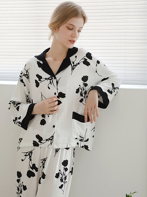 Loose Casual Floral Pattern V Neck Long Sleeve Pajama Set