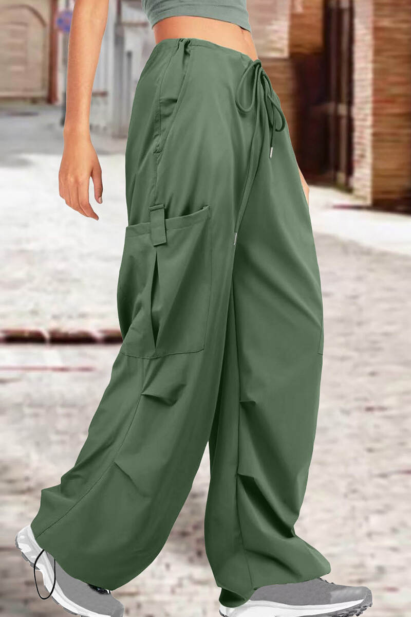 Light Green Street Solid Patchwork Draw String Pocket Straight High Waist Straight Solid Color Bottoms