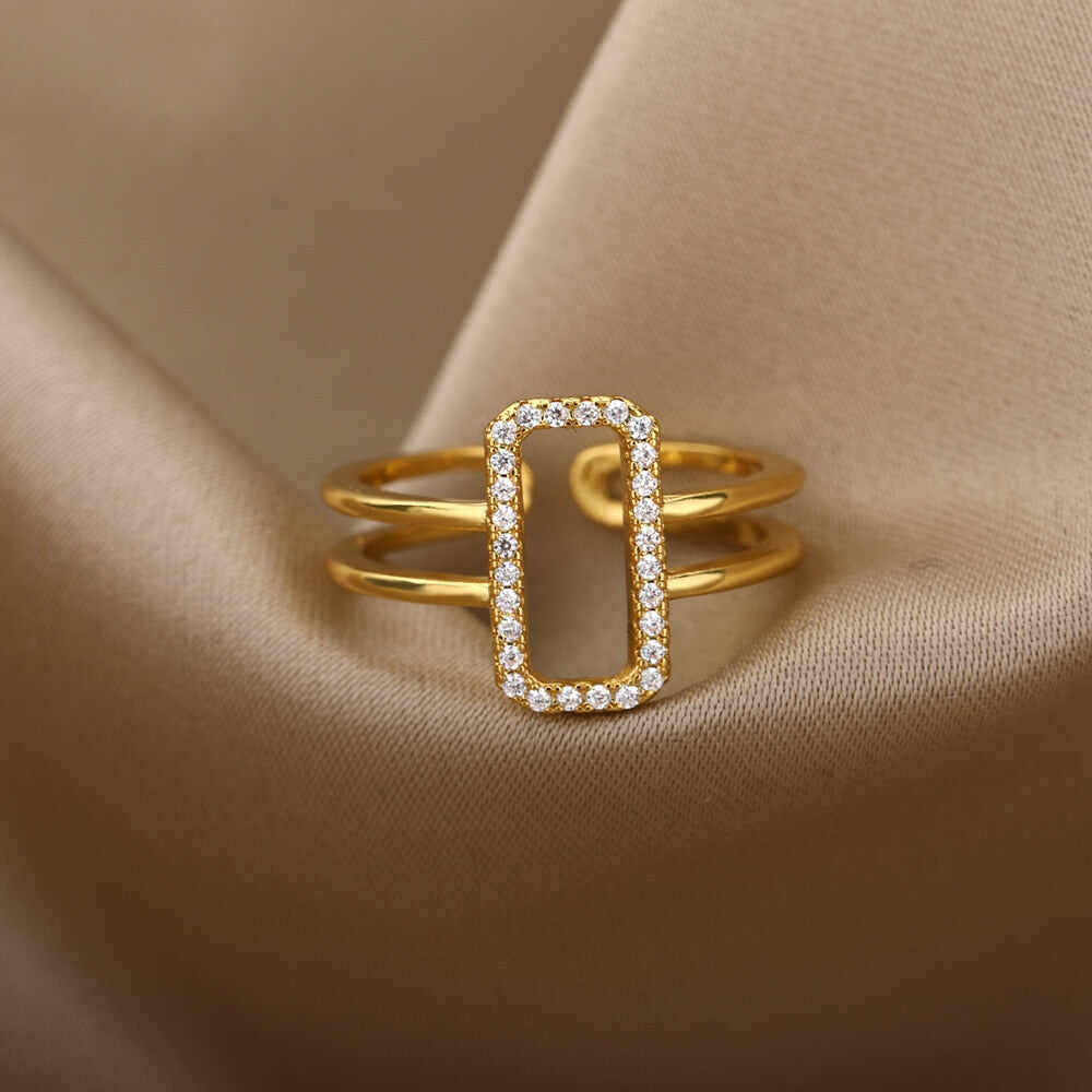 Hollow Rectangle Zircon Rings For Women Adjustable Open Stainless Steel Gold Color Finger Ring Couple Jewelry Gift anillos mujer