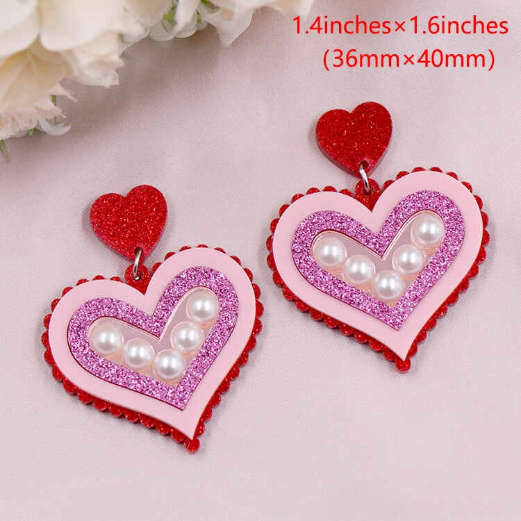 （1pair) Valentine Handmade Gift For Women Vintage Pearl Acrylic Heart Earrings Jewelry