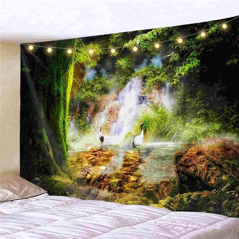 Landscape LED Lights Wall Tapestry Art Decor Forest Sunshine Waterfall Print