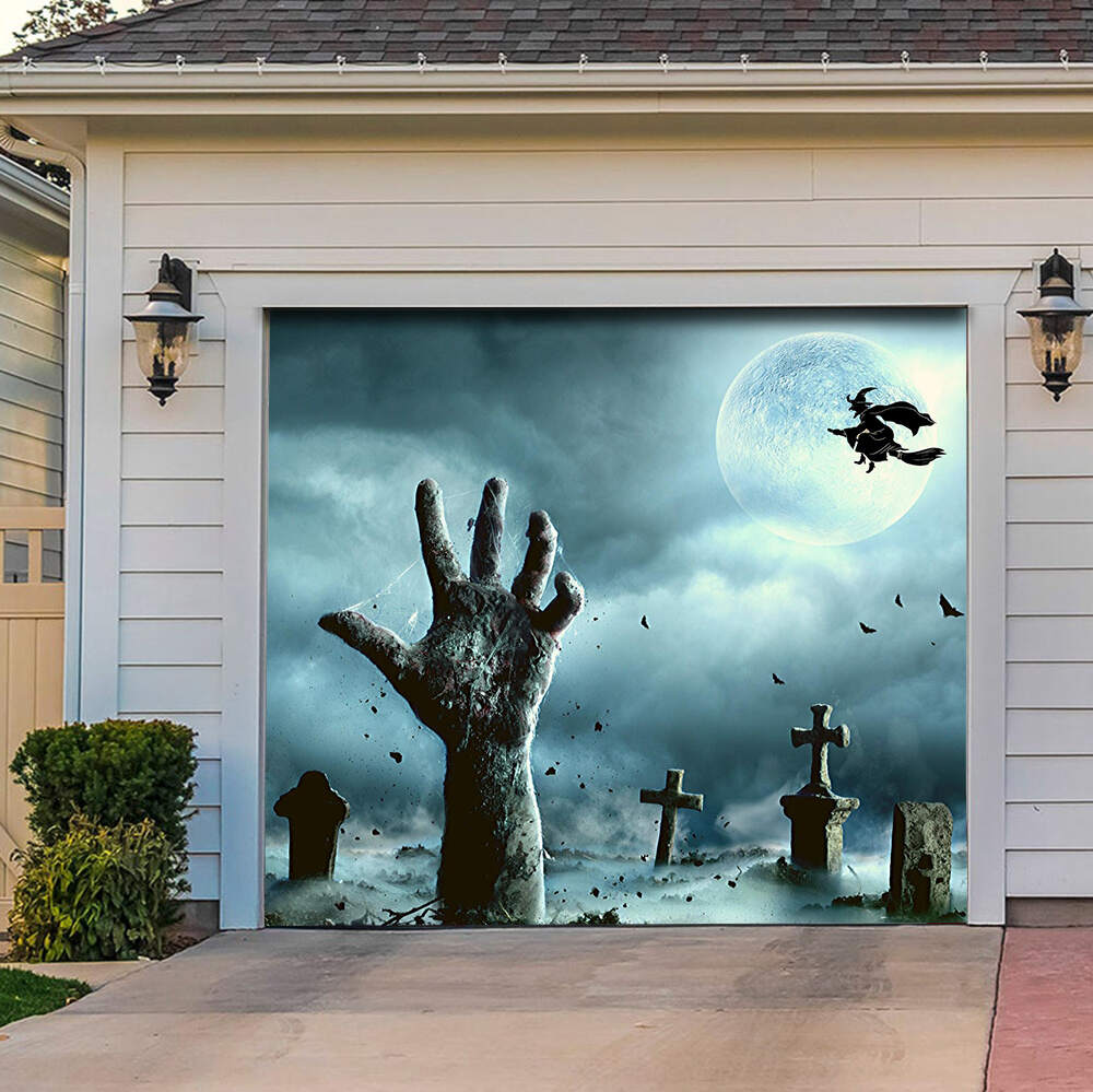 Spooky Graveyard Halloween Garage Door Banner Mural on a Full Moon Nig