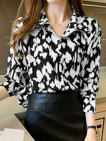 Women Blouses & Shirts | Women Print Long Sleeve Lapel Button Front Shirt - YP98412
