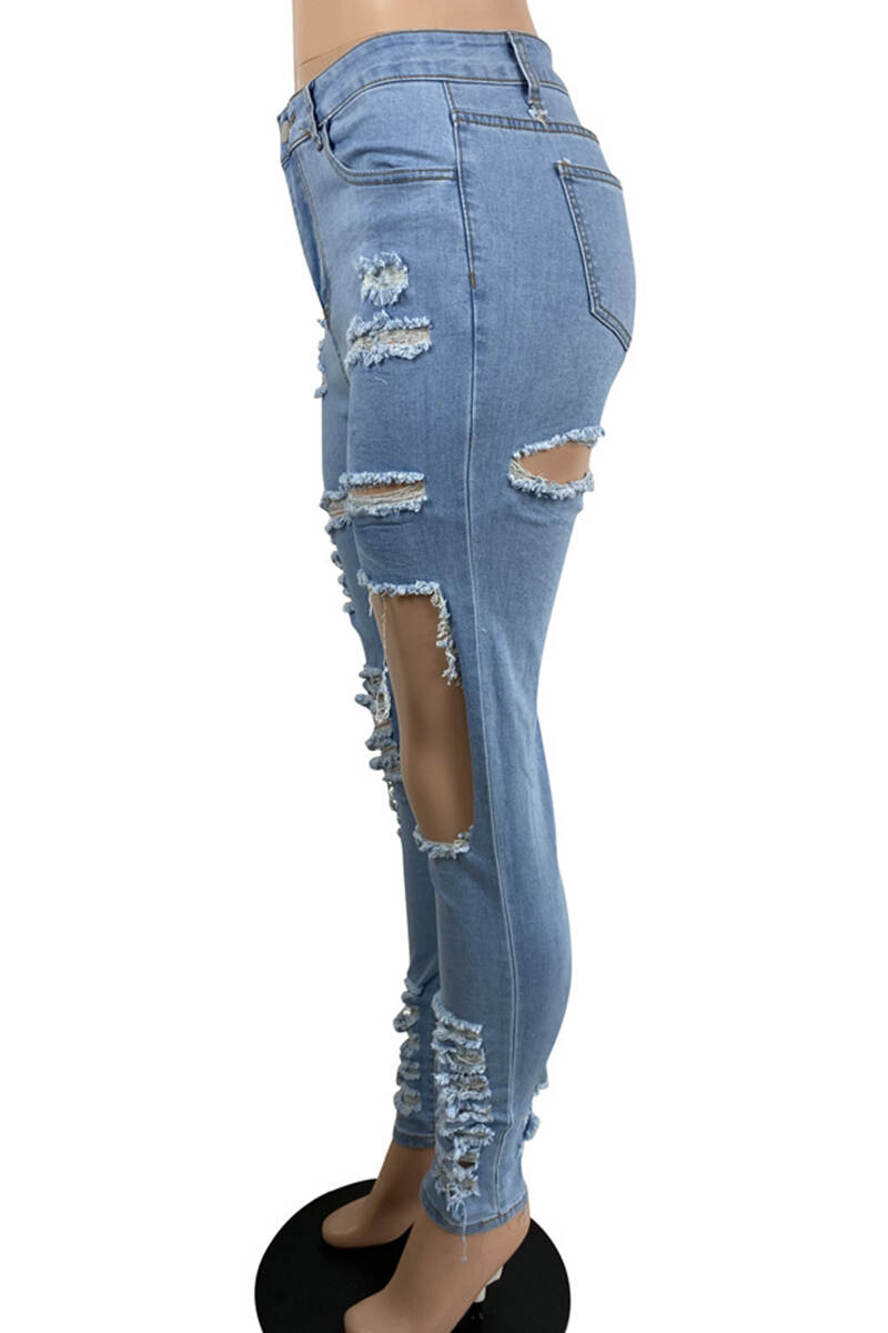 Light Blue Casual Solid Hollowed Out Patchwork Pocket Buttons Zipper Mid Waist Regular Denim Jeans