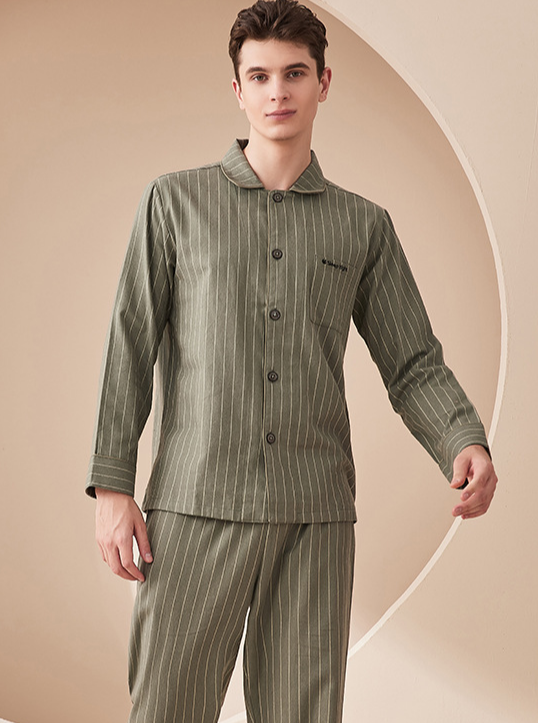 Simple Striped V Neck Regular Long Sleeve Cotton couple pajamas Set