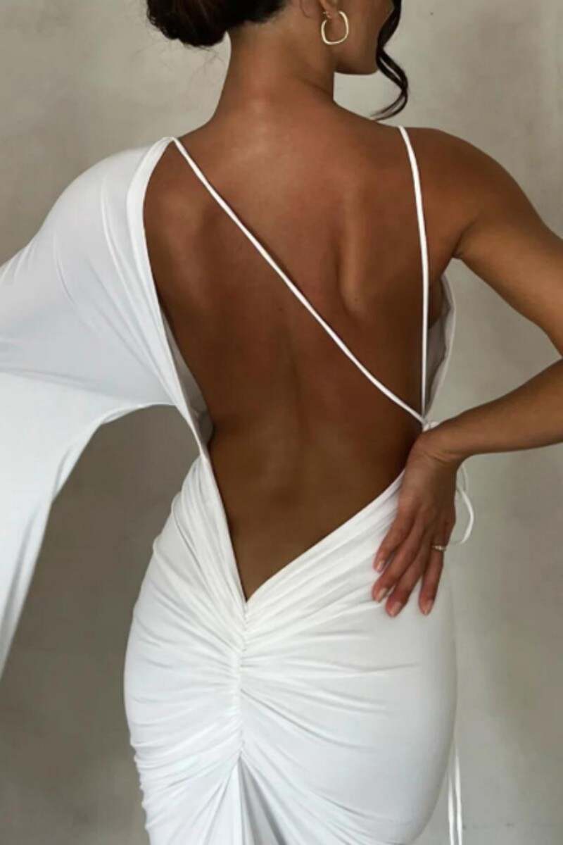 White Sexy Casual Solid Backless Asymmetrical V Neck Long Dress Dresses