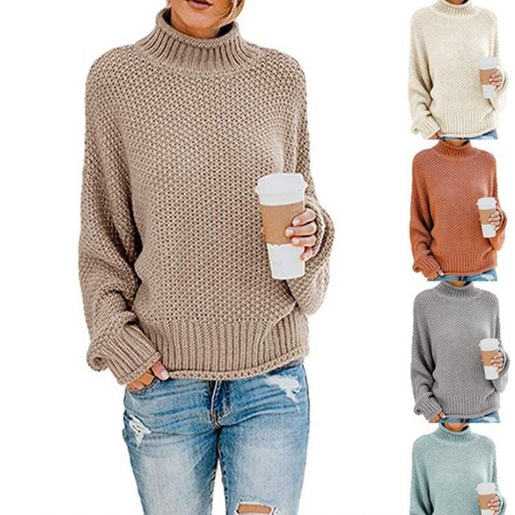 Knitted solid color turtleneck warm sweater