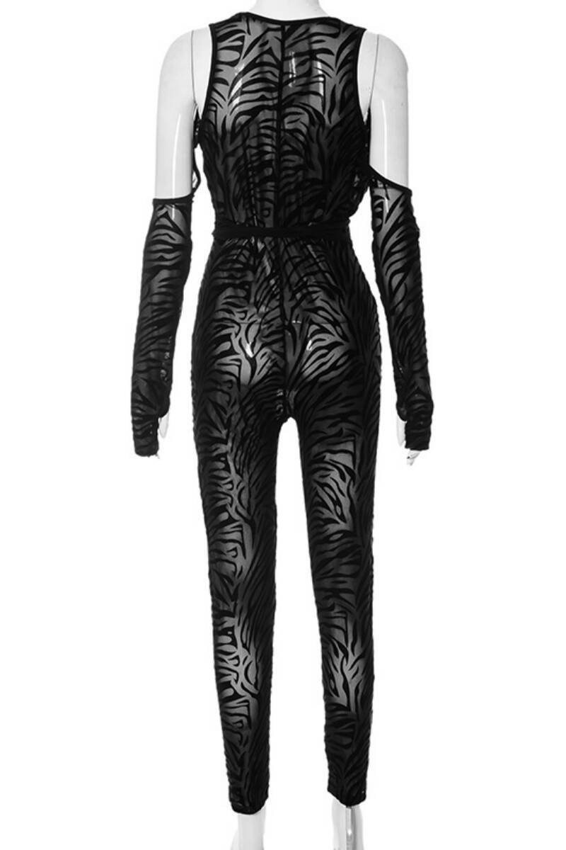 Black Sexy Print Backless V Neck Skinny Jumpsuits