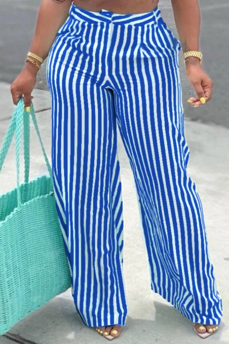 Cyan Casual Striped Print Patchwork Regular High Waist Conventional Full Print Trousers