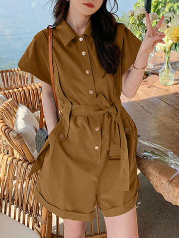 Women Jumpsuits & Rompers | Solid Belt Button Front Pocket Short Sleeve Lapel Cargo Romper - EZ35724