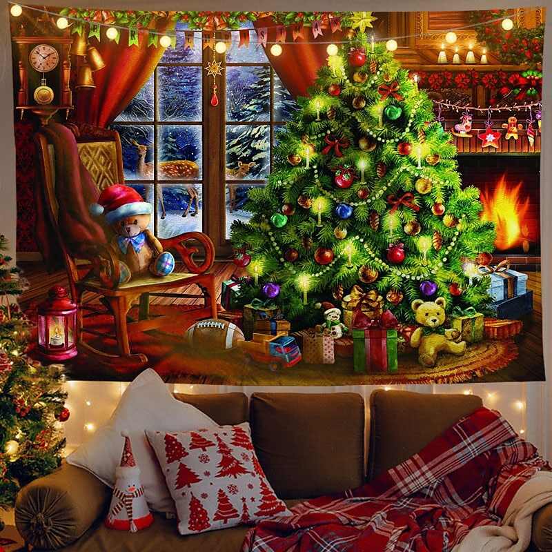 Christmas Decor LED Lights Wall Tapestry Santa Claus Christmas Tree Print