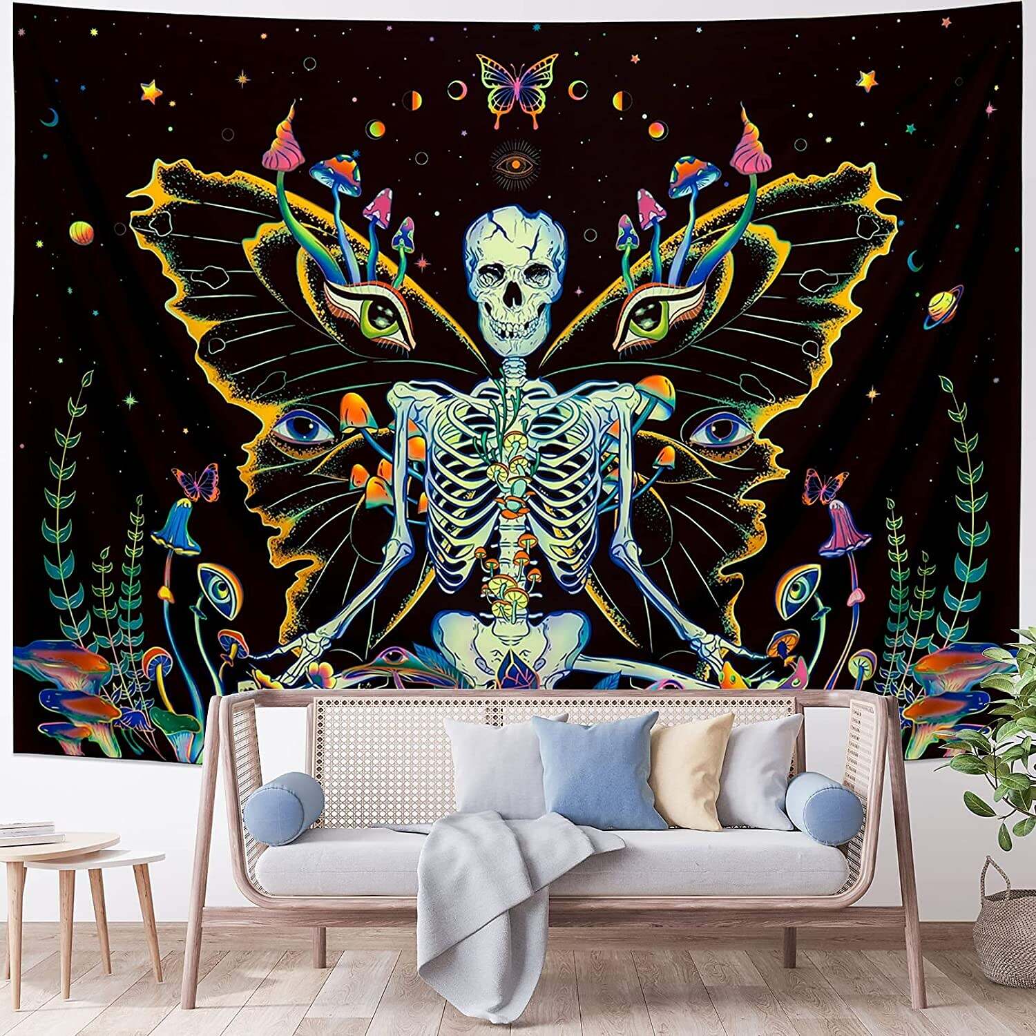 Butterfly Blacklight UV Reactive Tapestry Skull Meditation Trippy