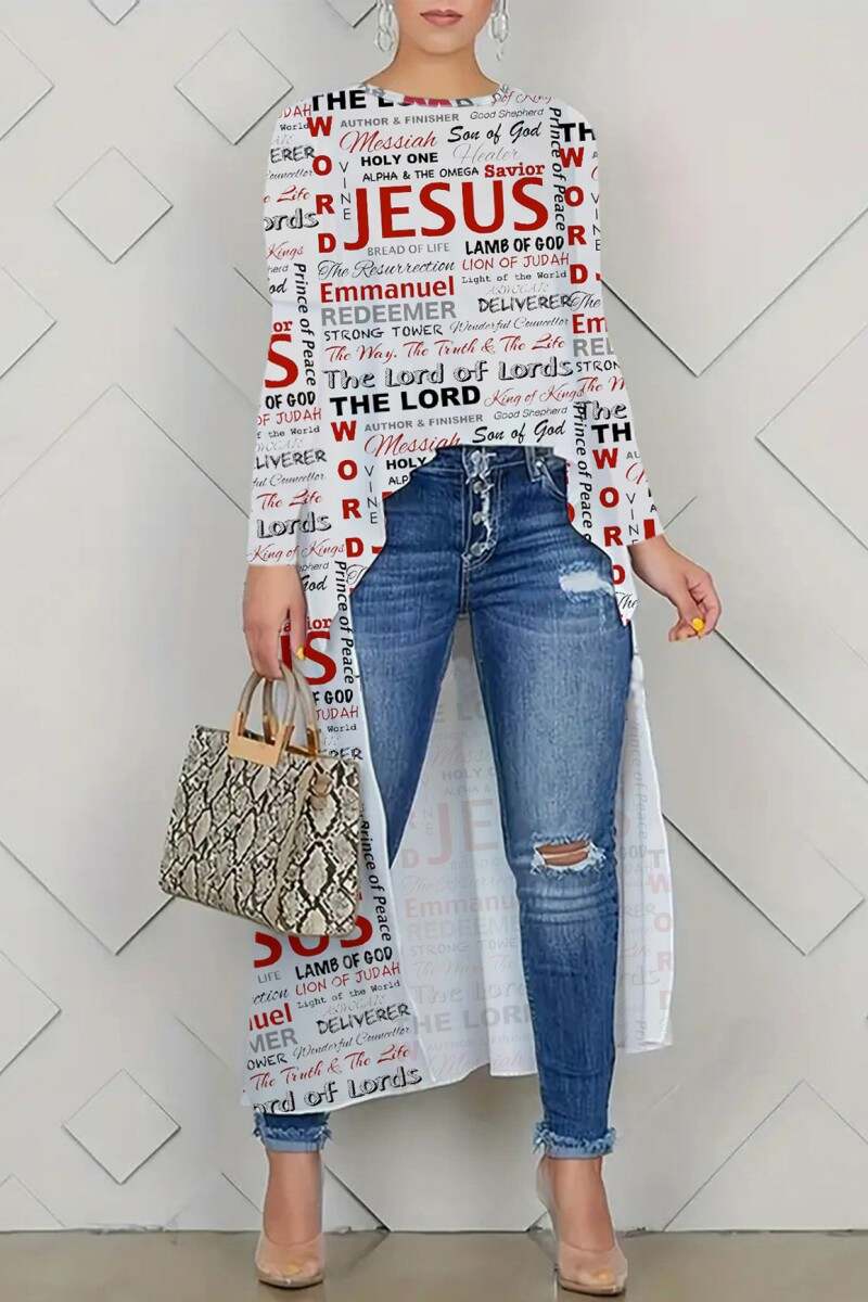 White Casual Letter Print Asymmetrical O Neck Tops