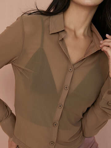 Women Blouses & Shirts | Mesh See Through Solid Long Sleeve Button Down Shirt - VV64037