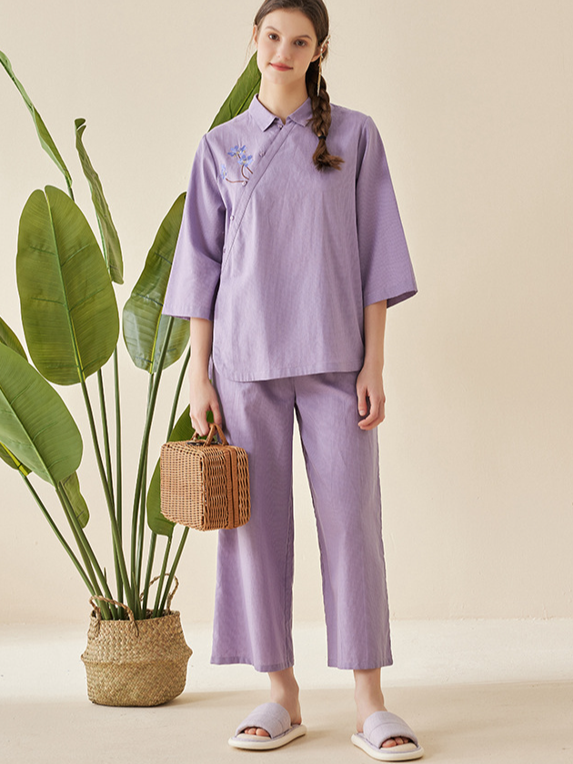 Shawl Collar Regular Fit Simple Cotton Pajama Set