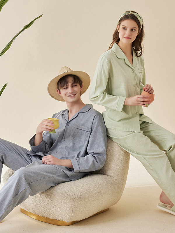 Plain V Neck Simple Cotton Long Sleeve Couple Pajama Set