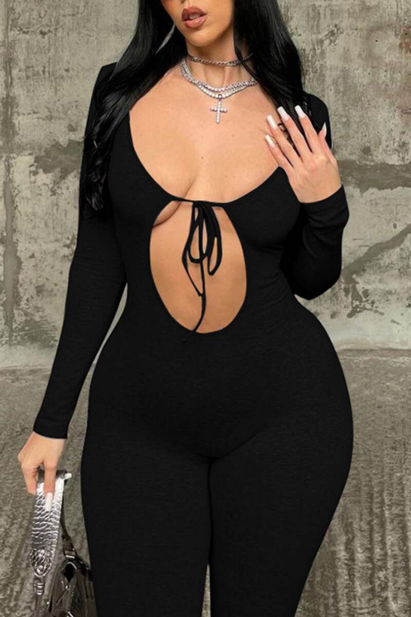 Khaki Sexy Casual Solid Hollowed Out Frenulum O Neck Skinny Jumpsuits