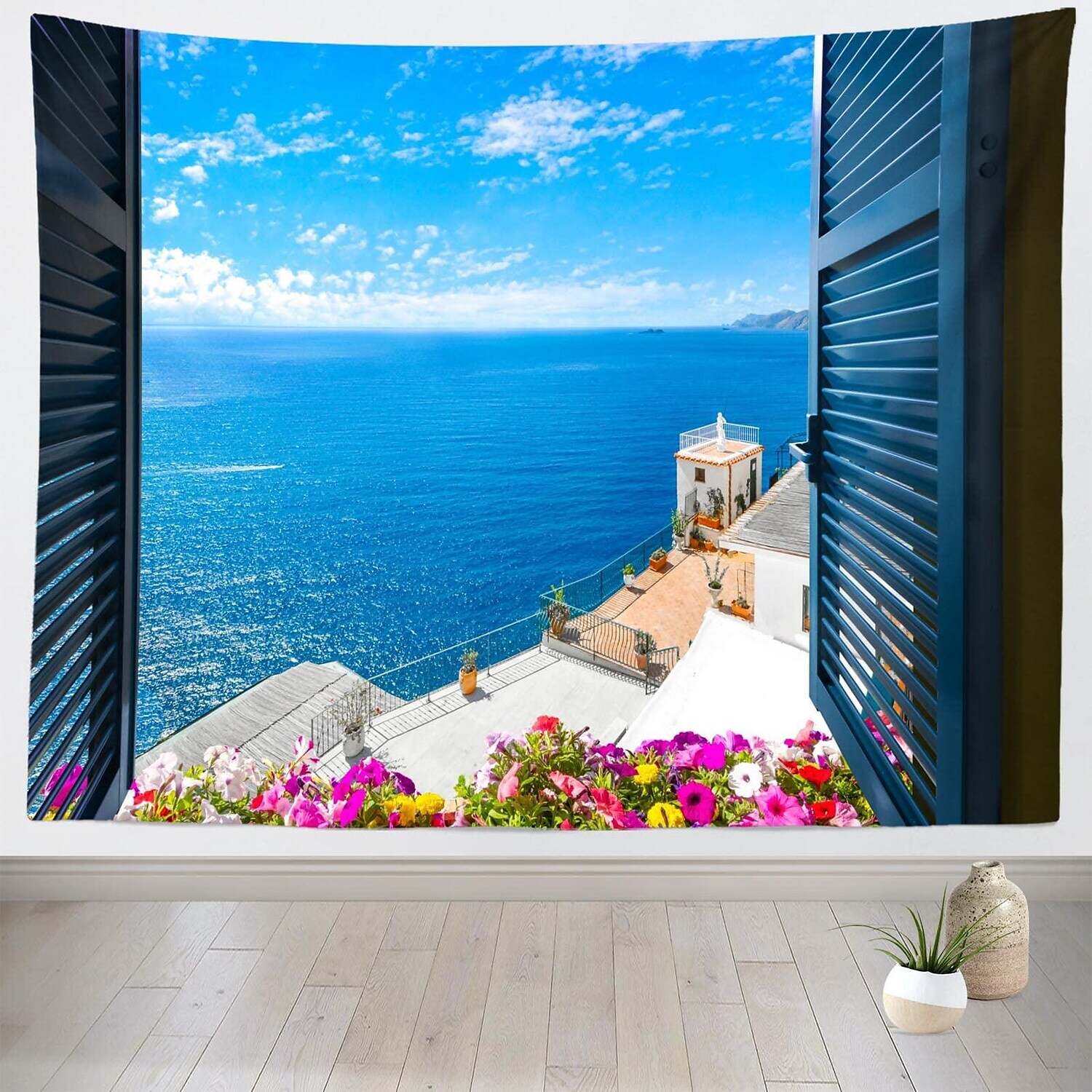 Sea View Window Wall Tapestry Art Decor Photograph Backdrop