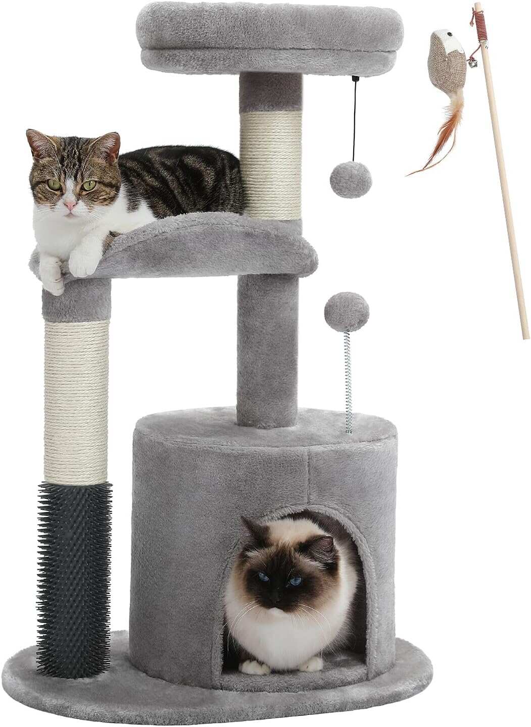 Indoor cat's kitten tree, medium-sized cat tower with interactive cat toys, 32.7-inch cat apartment with self grooming brush, natural cat catching pole, rocking ball for small and medium-sized cats