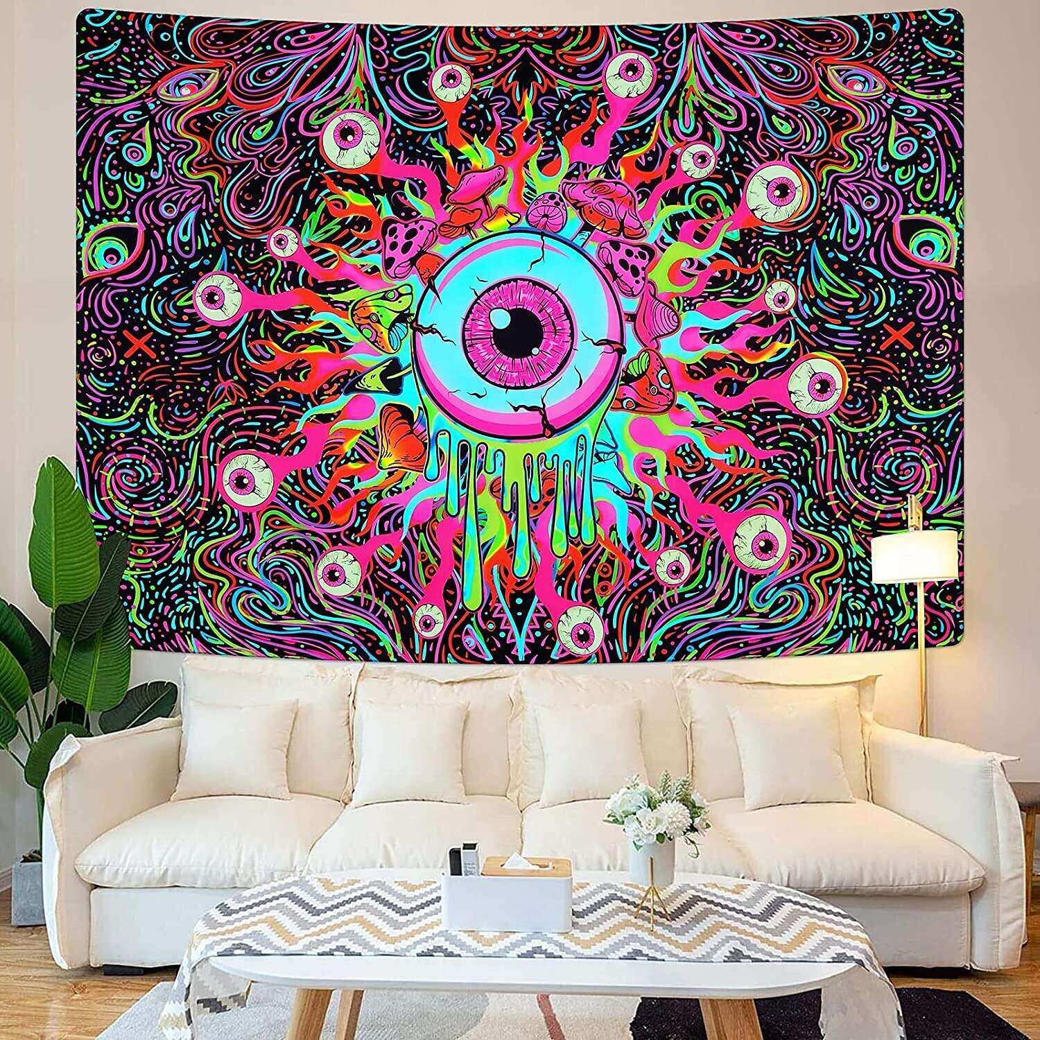 Blacklight Tapestry UV Reactive Trippy Creepy Eyes Wall Hanging