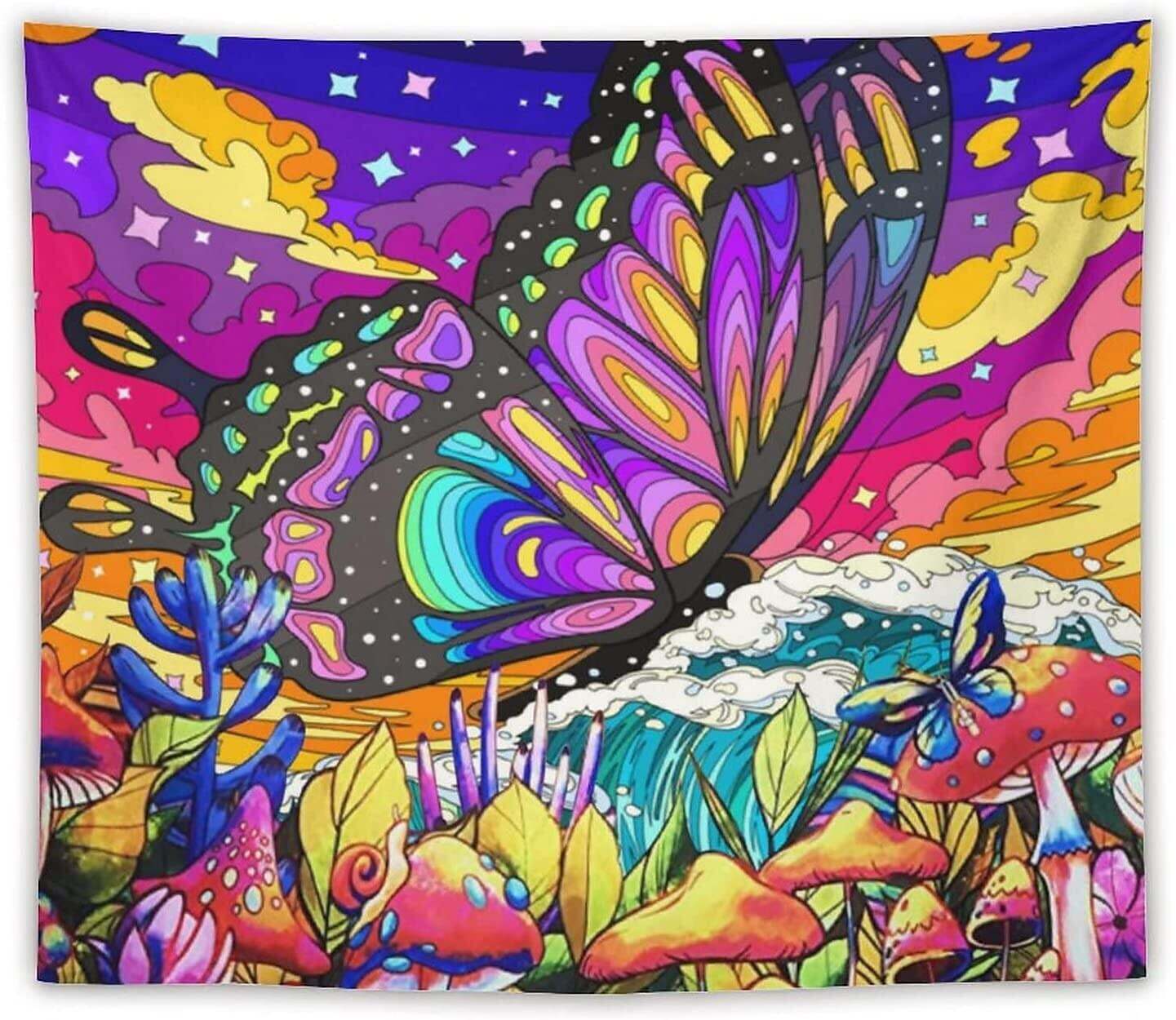 Blacklight Tapestry UV Reactive Trippy Butterfly Mushroom