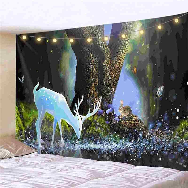 Landscape LED Lights Wall Tapestry Art Decor Forest Green Tree Print