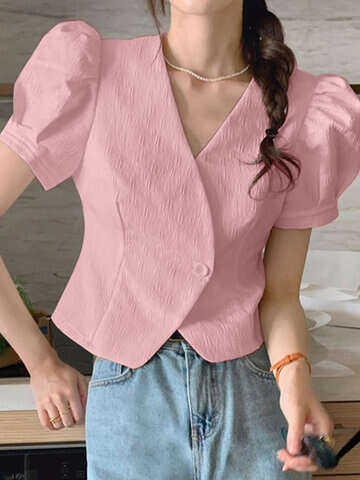 Women Blouses & Shirts | Puff Sleeve V-neck Solid Textured Blouse For Women - GG98656