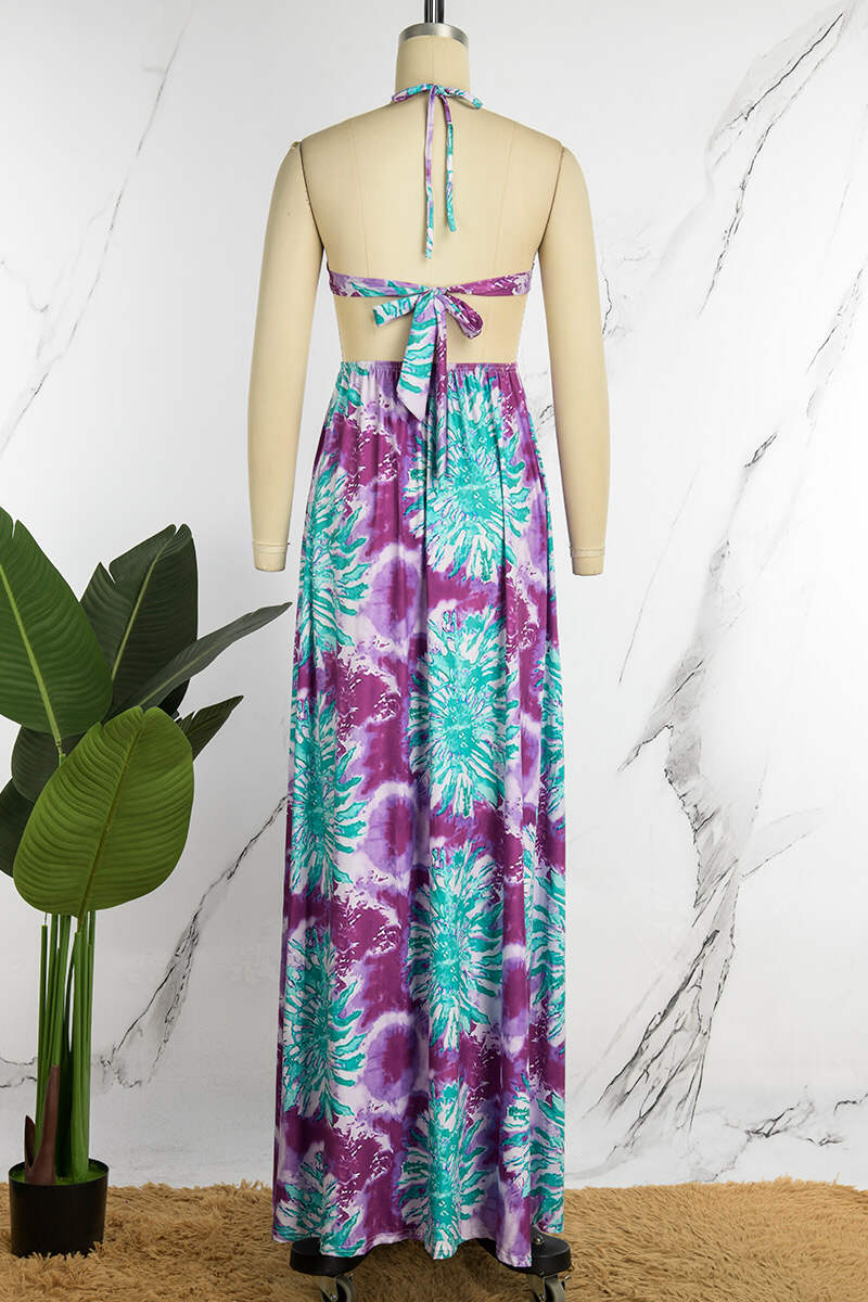 Purple Sexy Print Bandage Backless Spaghetti Strap Long Dress (Without Waist Chain ,Subject To The Actual Object)