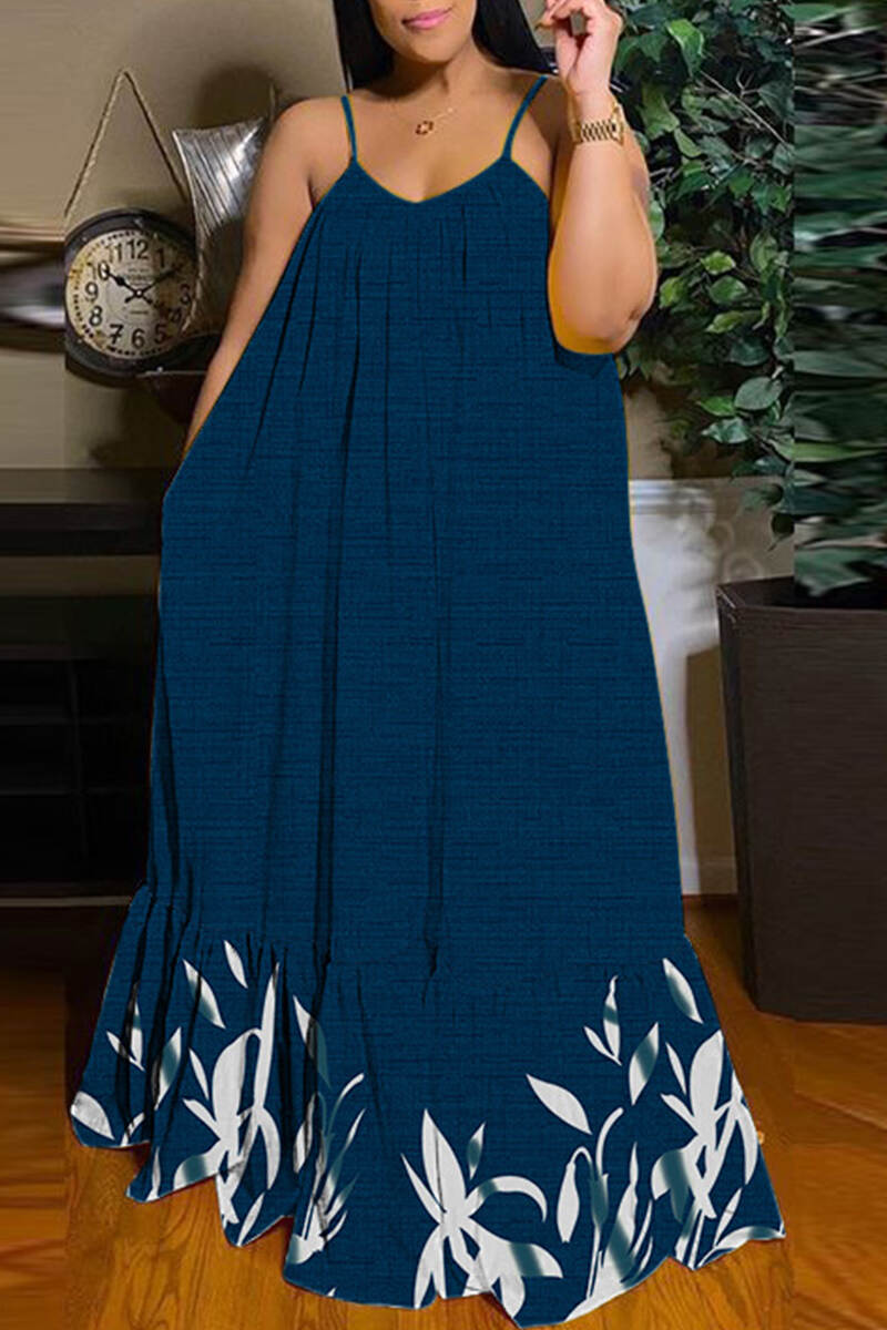 Dark Blue Sexy Casual Print Backless Spaghetti Strap Long Dress Dresses