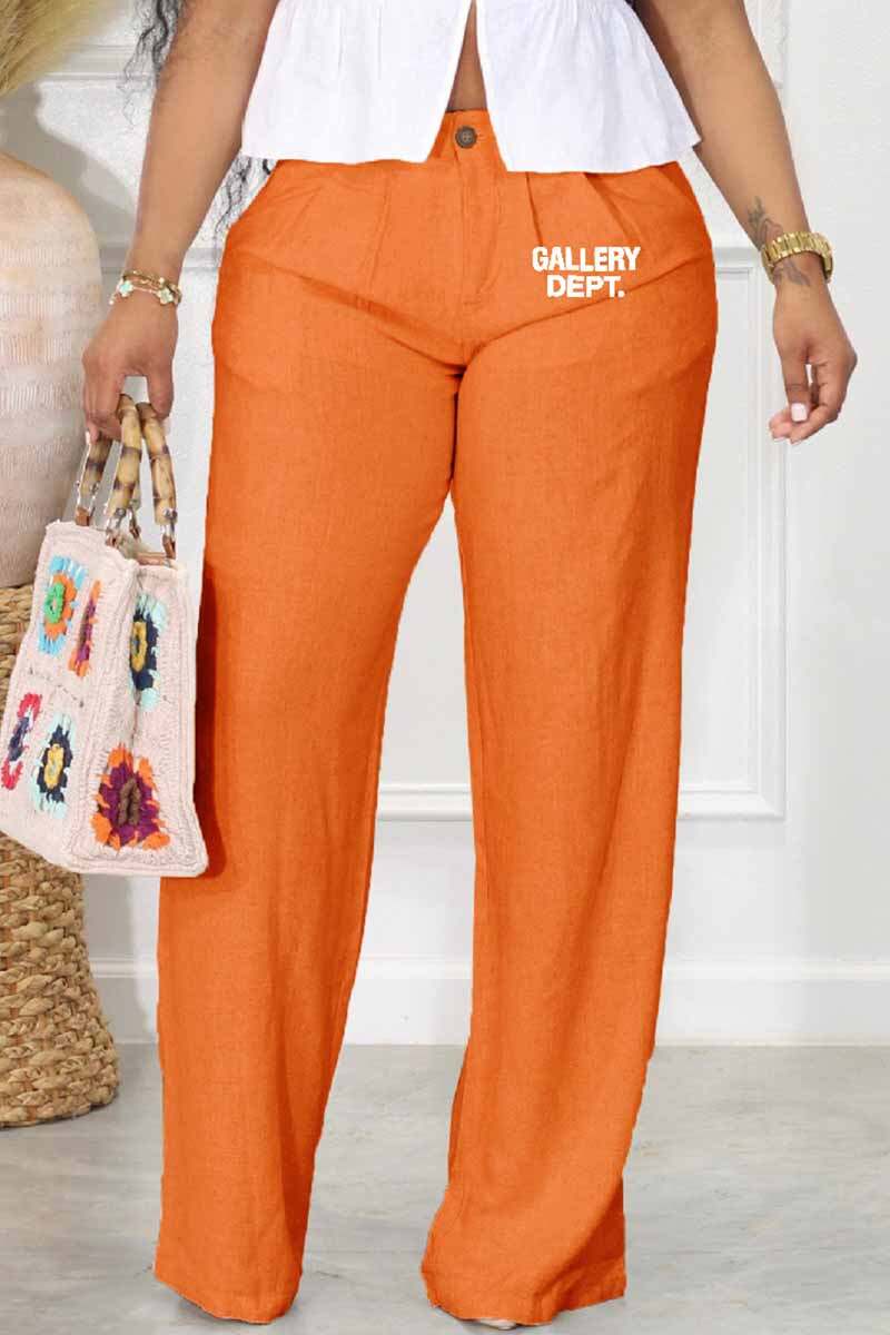 Tangerine Red Casual Print Letter Mid Waist Straight Bottoms