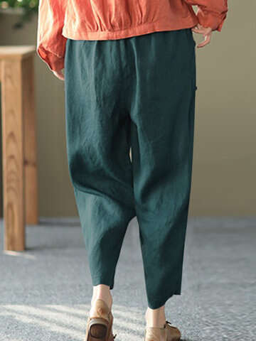 Women Pants & Capris | Solid Pocket Elastic Waist Casual Cotton Pants - VD36288