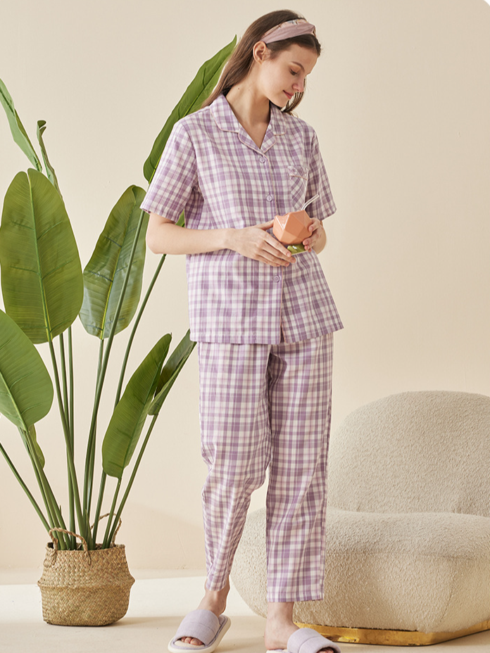 Plaid Cotton Casual V Neck Short Sleeve Couple Pajama Set