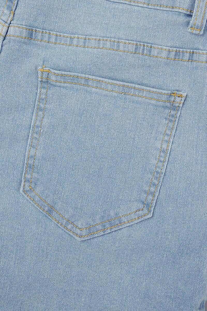 Light Blue Street Solid Patchwork Pocket Buttons Mid Waist Regular Denim Shorts