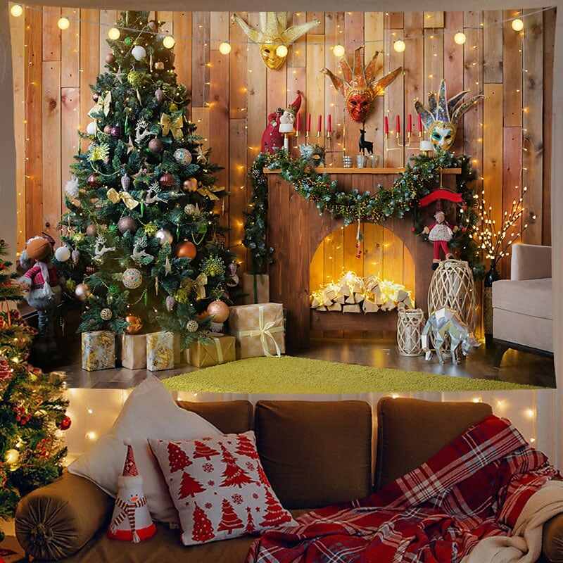 Christmas Decor LED Lights Wall Tapestry Christmas Tree Fireplace Print