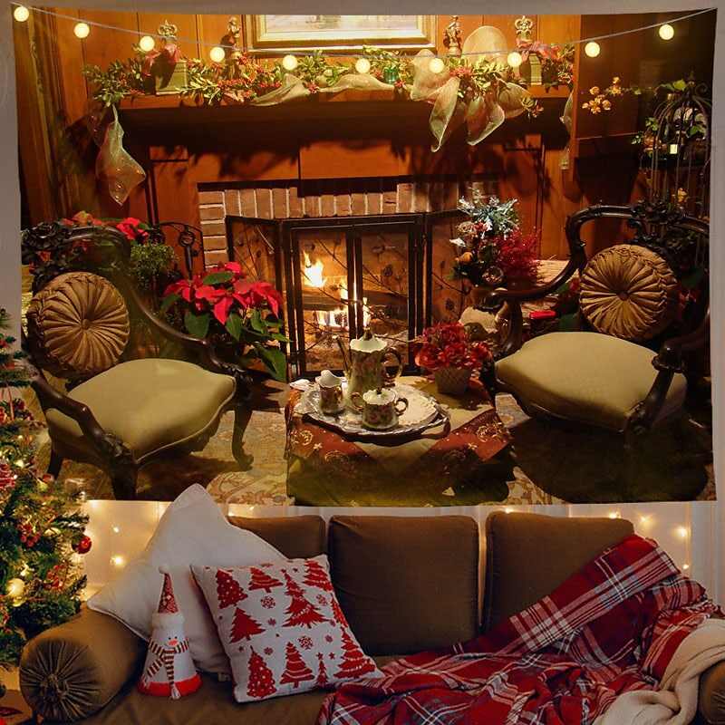 Christmas Decor LED Lights Wall Tapestry Christmas Tree Fireplace Print